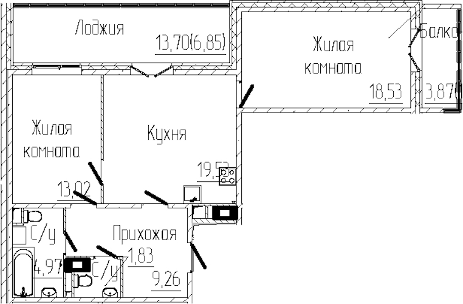 2-комнатная квартира 75.15 м², 3/8 эт., ЖК «SERTOLOVO PARK»